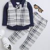 Beige & Navy Boys Full Sleeves Shirt Waistcoat & Pant Set With Applique Bow