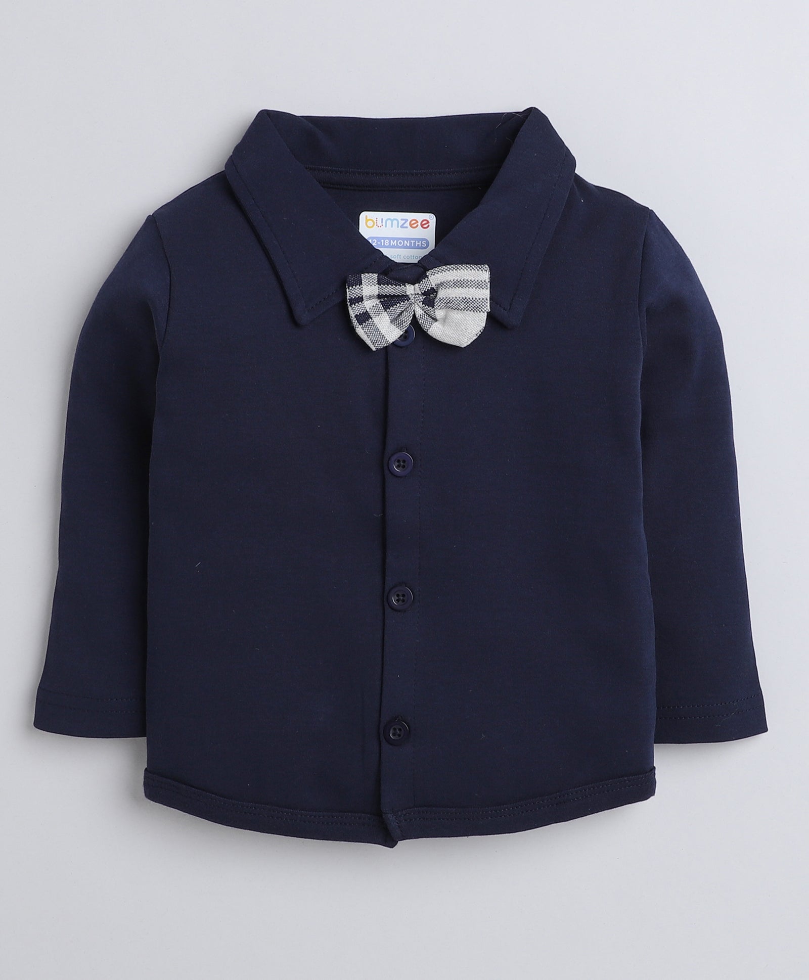 Beige & Navy Boys Full Sleeves Shirt Waistcoat & Pant Set With Applique Bow