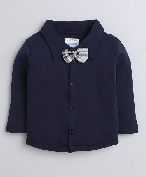 Beige & Navy Boys Full Sleeves Shirt Waistcoat & Pant Set With Applique Bow