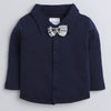 Beige & Navy Boys Full Sleeves Shirt Waistcoat & Pant Set With Applique Bow