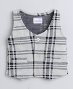 Bumzee Beige & Navy Checked Formal Set, Full Sleeves, 100% Cotton