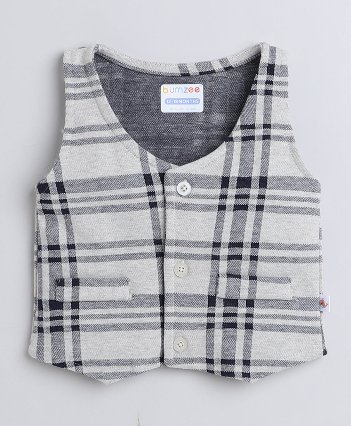 Bumzee Beige & Navy Checked Formal Set, Full Sleeves, 100% Cotton
