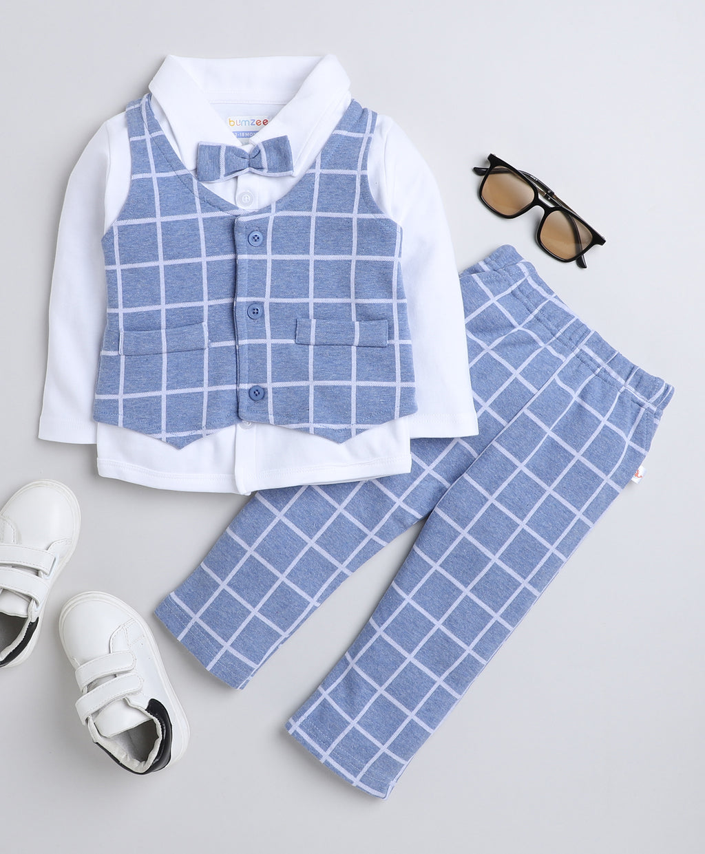 Bumzee Sky Blue & White Checked Formal Set, Full Sleeves, 100% Cotton, with Waistcoat (Style Peb8051)