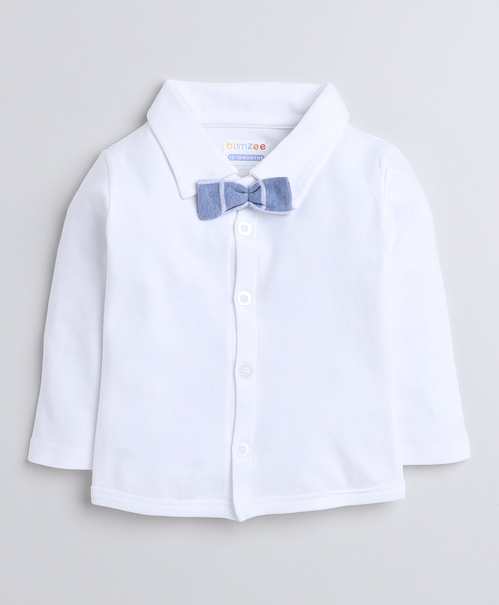 BUMZEE Sky Blue & White Boys Full Sleeves Shirt Waistcoat & Pant Set With Applique Bow