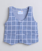 Bumzee Sky Blue & White Checked Formal Set, Full Sleeves, 100% Cotton, with Waistcoat (Style Peb8051)