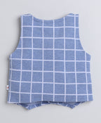 Bumzee Sky Blue & White Checked Formal Set, Full Sleeves, 100% Cotton, with Waistcoat (Style Peb8051)
