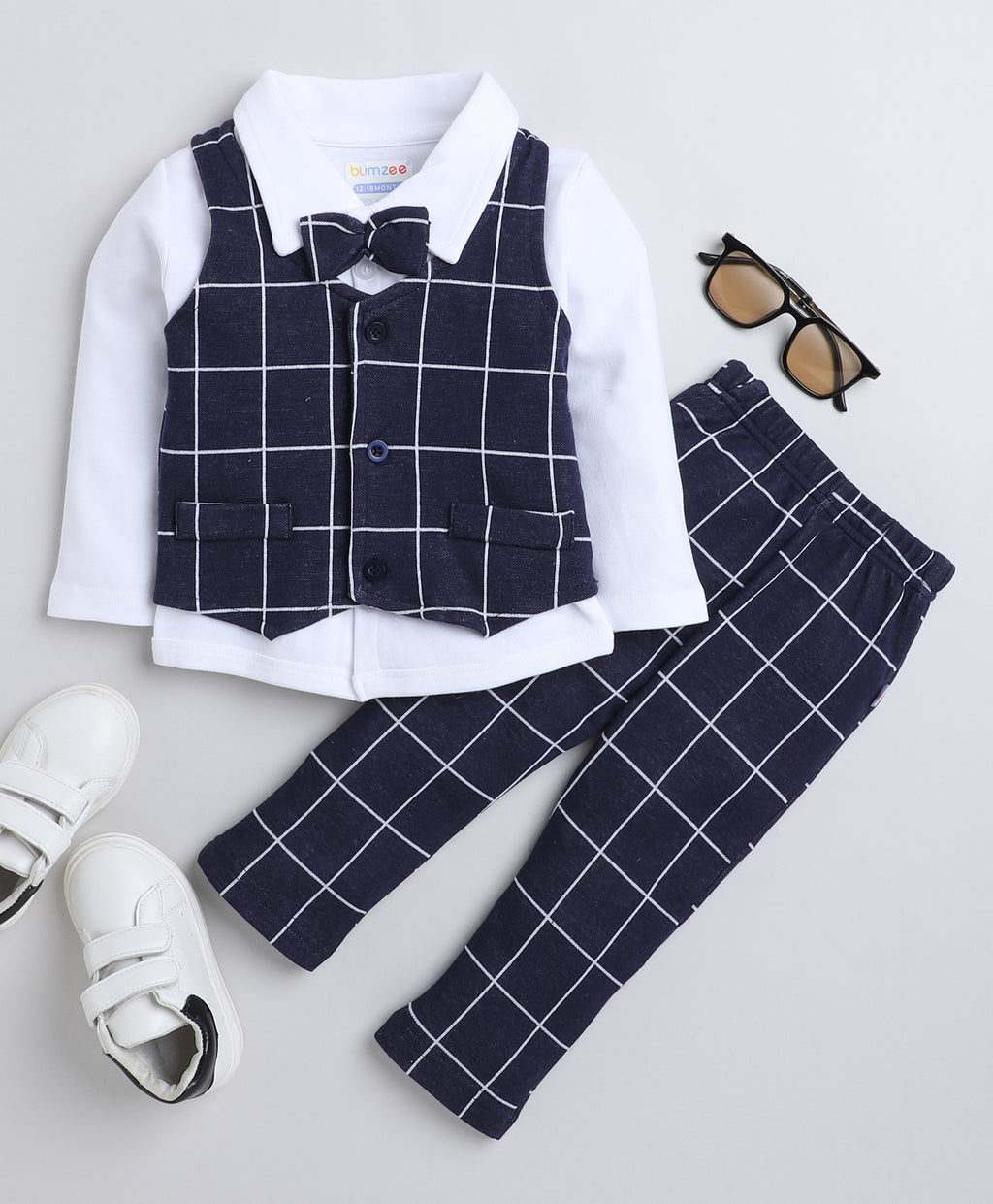 Navy & White Checked Shirt, Waistcoat & Pant Set, Full Sleeves, 100% Cotton