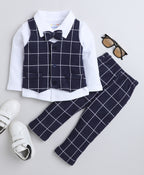 Navy & White Checked Shirt, Waistcoat & Pant Set, Full Sleeves, 100% Cotton