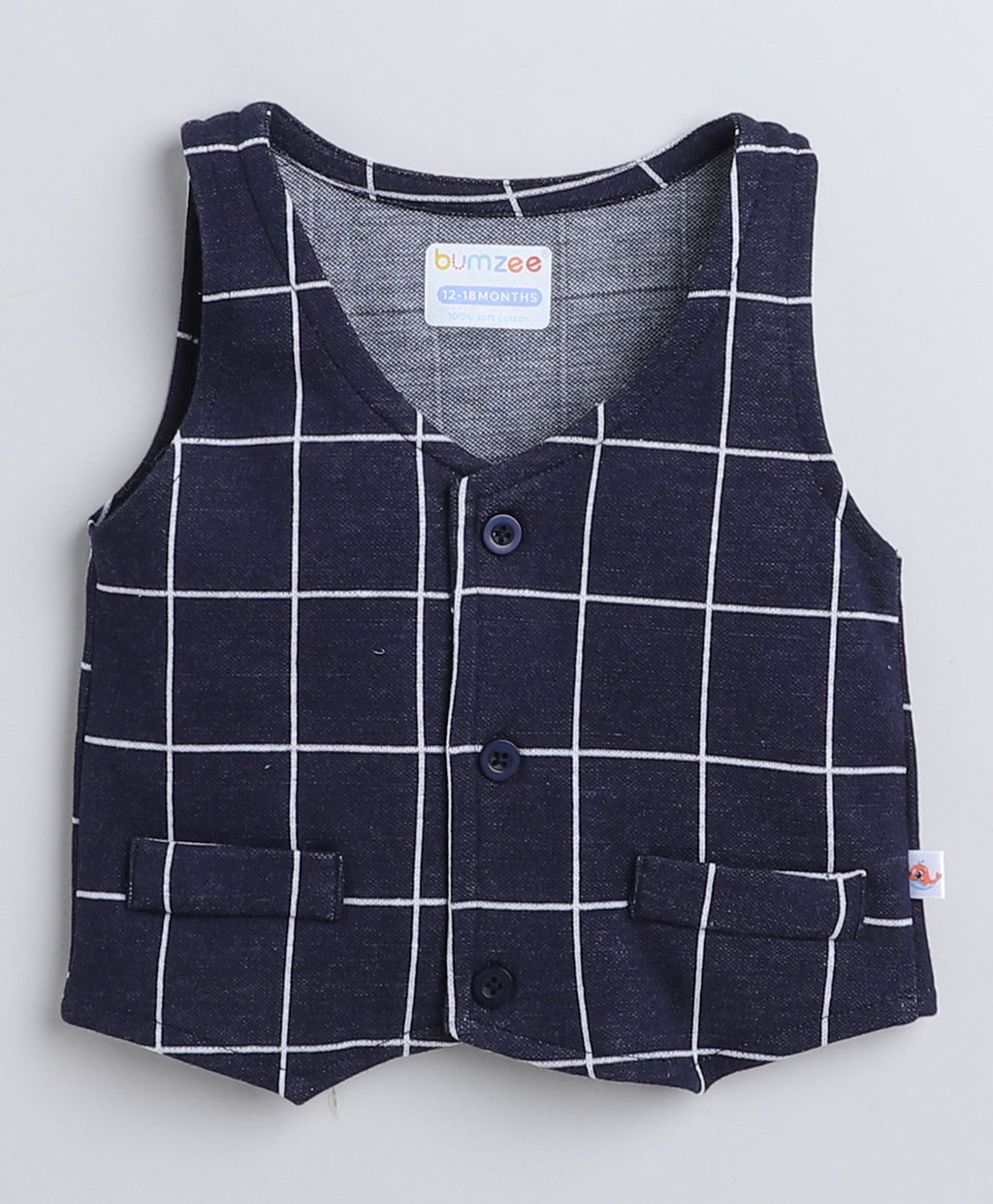 Navy & White Checked Shirt, Waistcoat & Pant Set, Full Sleeves, 100% Cotton