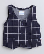 Navy & White Checked Shirt, Waistcoat & Pant Set, Full Sleeves, 100% Cotton