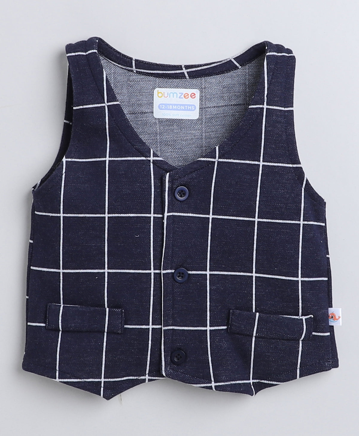 Navy & White Checked Shirt, Waistcoat & Pant Set, Full Sleeves, 100% Cotton