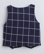 Navy & White Checked Shirt, Waistcoat & Pant Set, Full Sleeves, 100% Cotton