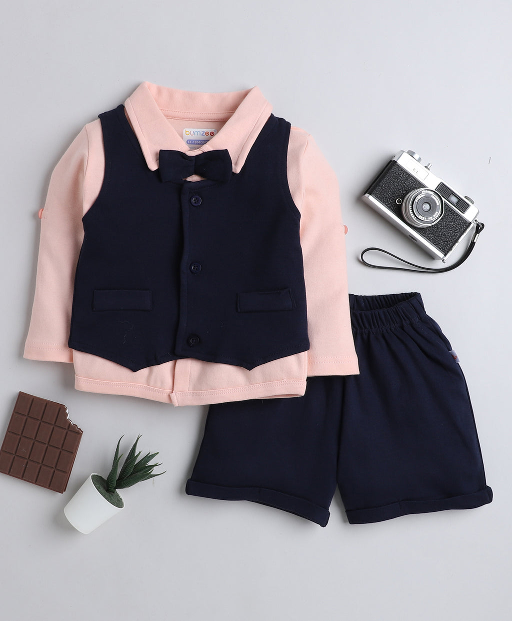 Bumzee Navy & Peach Formal Set, Full Sleeves, 100% Cotton