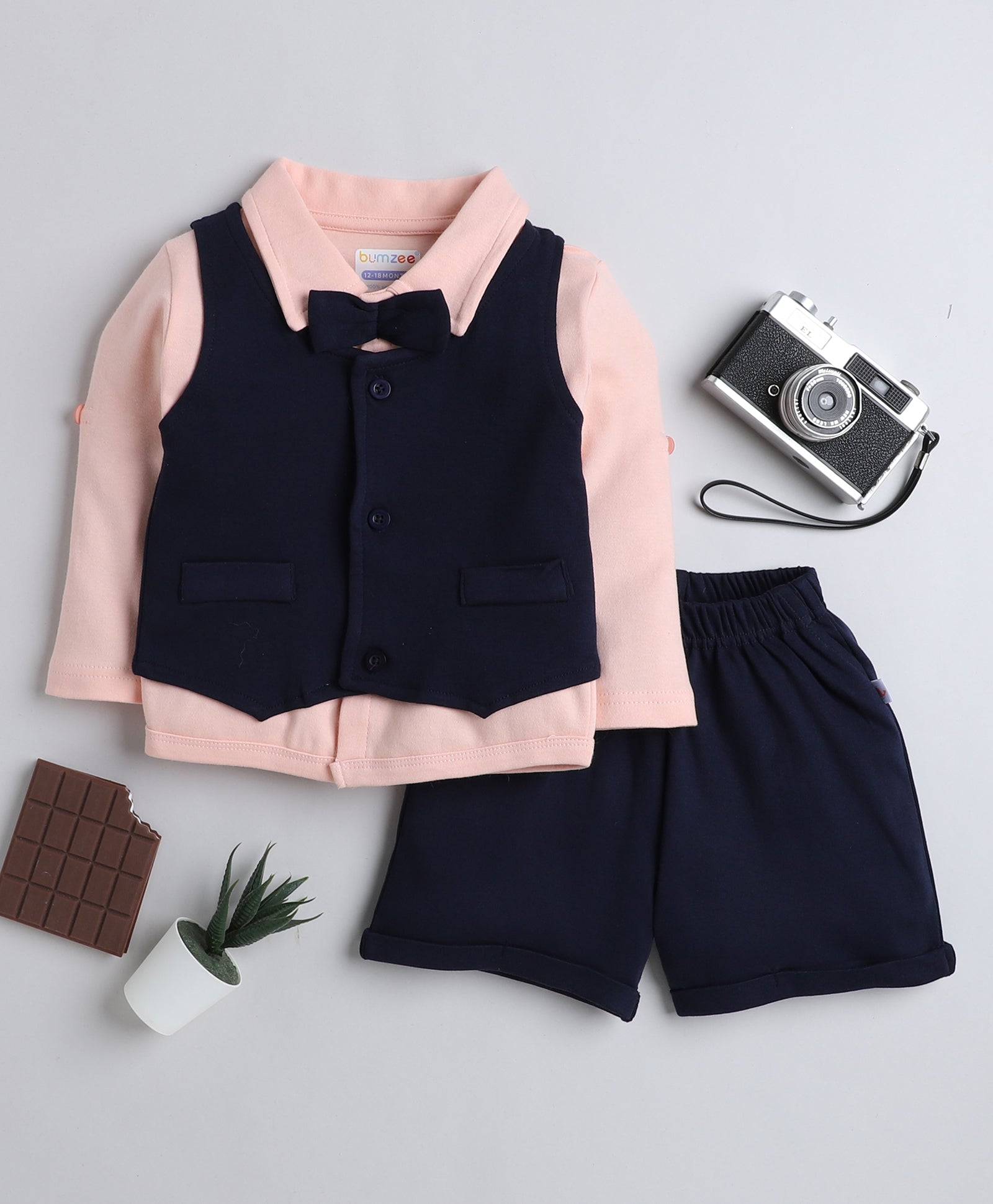Boys 100% Cotton Solid Formal Set - Navy & Peach