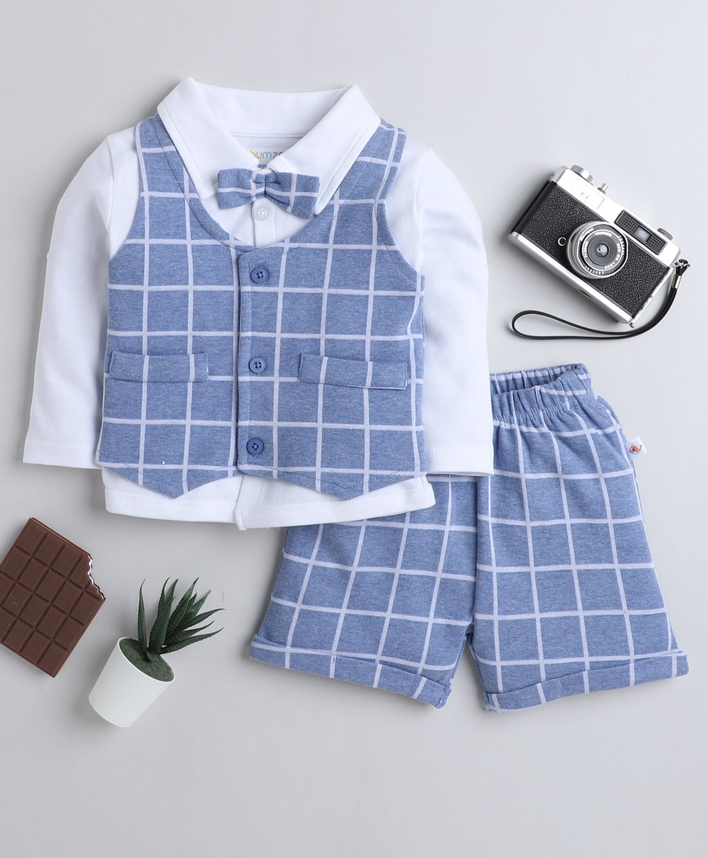 Bumzee Sky Blue & White Checked Formal Set, Full Sleeves, 100% Cotton, with Waistcoat (Style Peb8055)