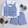 BUMZEE Sky Blue & White Boys Full Sleeves Shirt Waistcoat & Short Set With Applique Bow