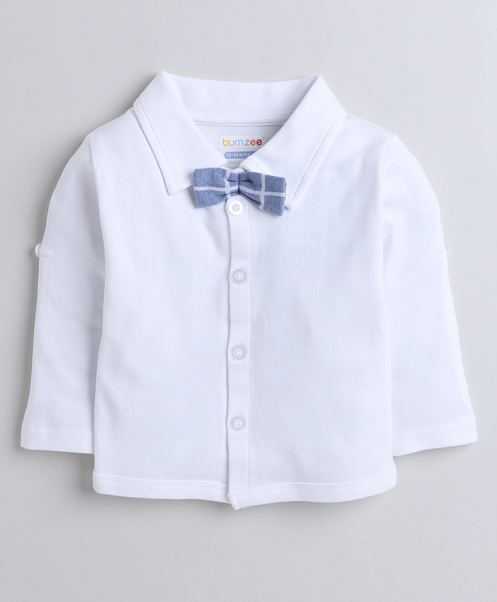 BUMZEE Sky Blue & White Boys Full Sleeves Shirt Waistcoat & Short Set With Applique Bow
