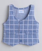 Bumzee Sky Blue & White Checked Formal Set, Full Sleeves, 100% Cotton, with Waistcoat (Style Peb8055)