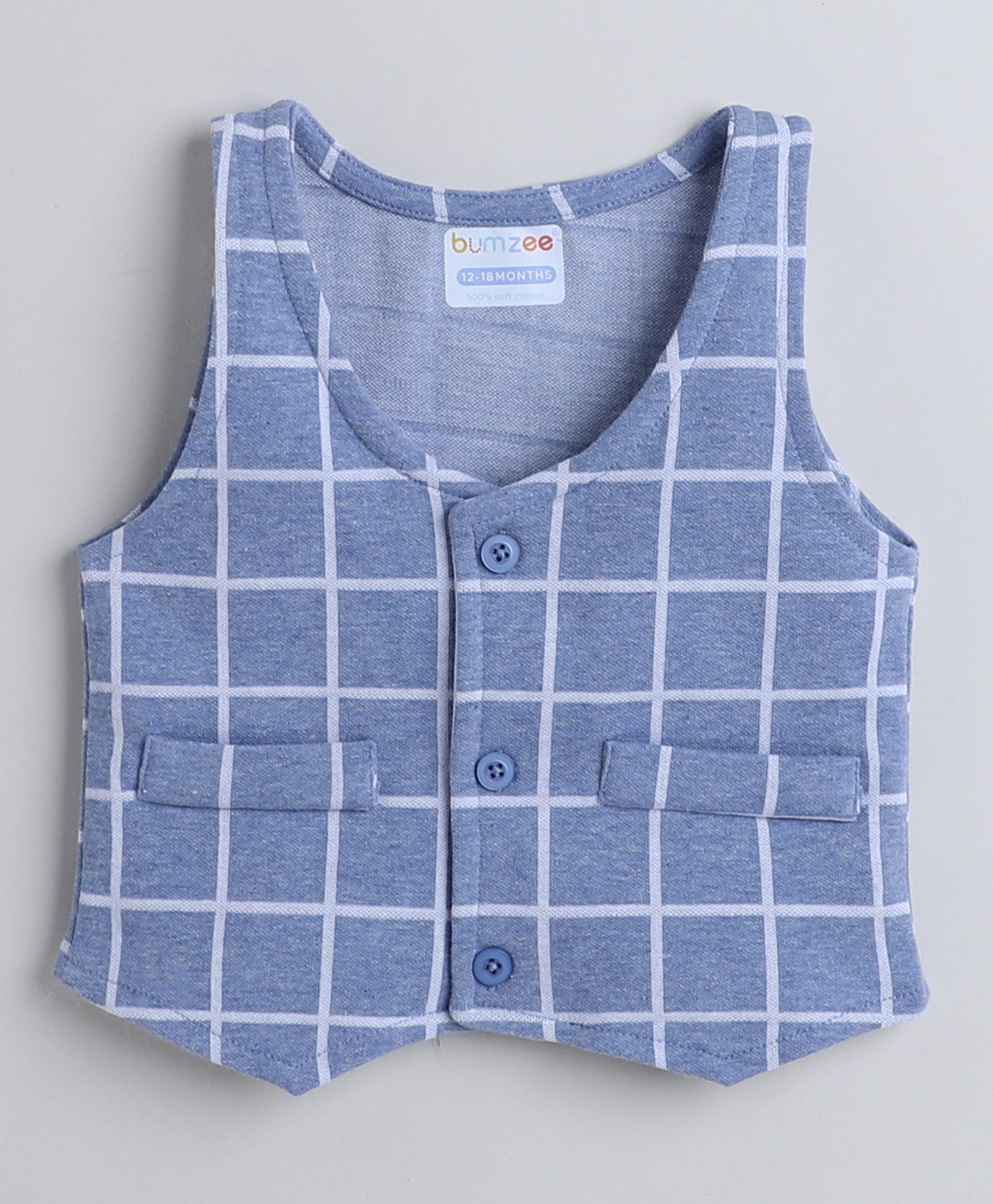 Bumzee Sky Blue & White Checked Formal Set, Full Sleeves, 100% Cotton, with Waistcoat (Style Peb8055)