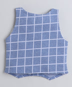 Bumzee Sky Blue & White Checked Formal Set, Full Sleeves, 100% Cotton, with Waistcoat (Style Peb8055)
