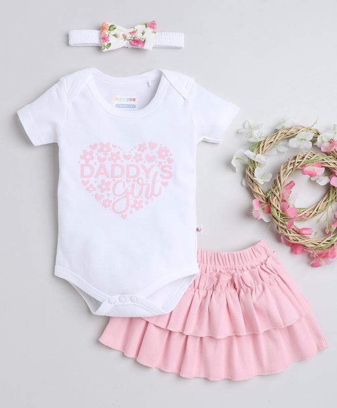 Girls 100% Cotton Graphic Bodysuit & Skirt Set - White & Pink