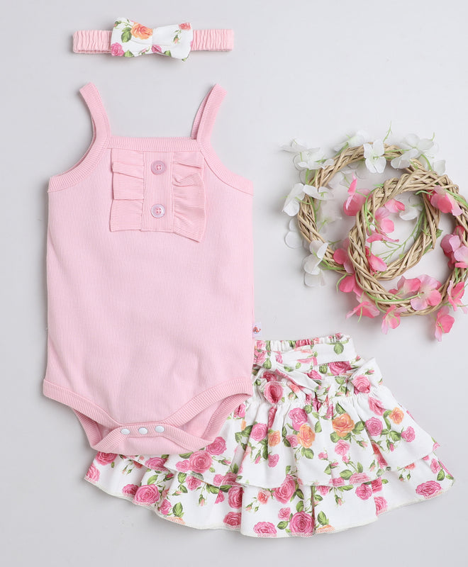 Girls 100% Cotton Floral Bodysuit & Skirt Set - Pink & White
