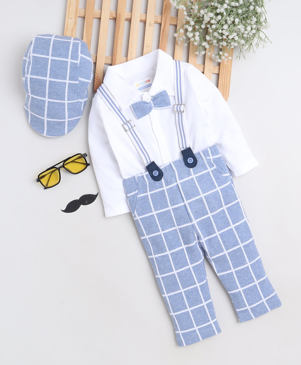 Bumzee Sky Blue & White Checked Formal Set, Full Sleeves, 100% Cotton