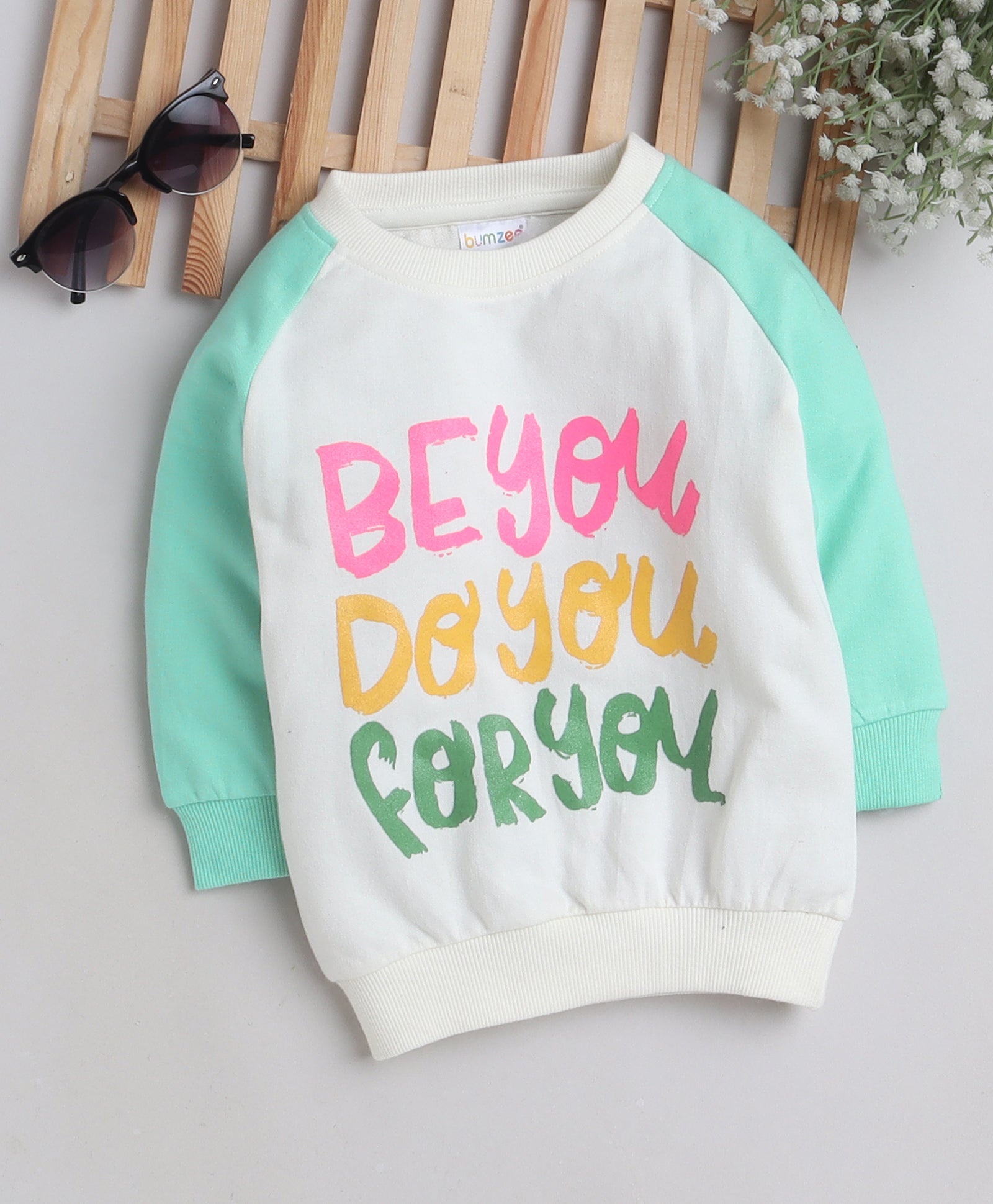 Girls 100% Cotton NA Sweatshirt - White & Green