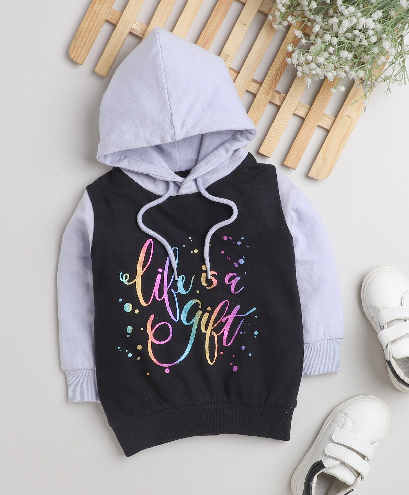 Girls 100% Cotton NA Sweatshirt - Black & Lavender