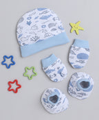 Bumzee White & Sky Blue Animal Print Cap, Mitten & Bootie Set, 100% Cotton, with Mittens (Style Peb8805)