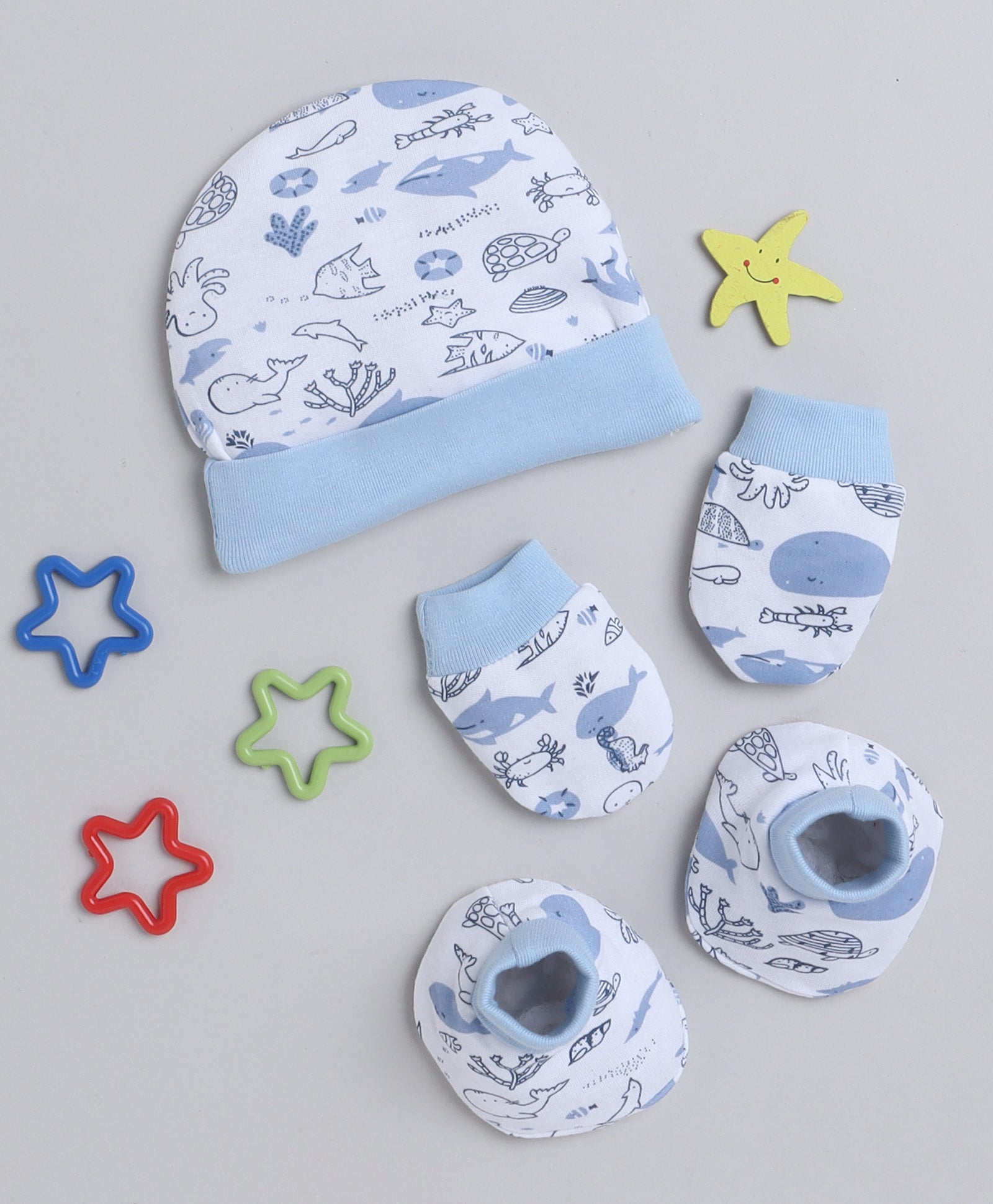 Boys 100% Cotton NA Cap Mitten Bootie - White & Sky Blue