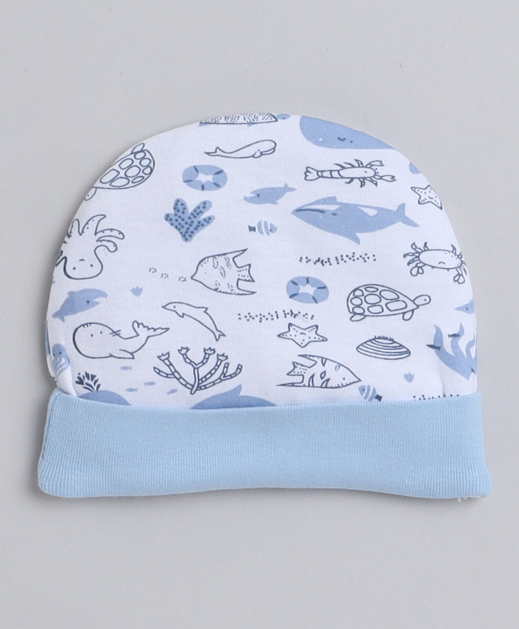 Bumzee White & Sky Blue Animal Print Cap, Mitten & Bootie Set, 100% Cotton, with Mittens (Style Peb8805)