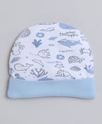 Bumzee White & Sky Blue Animal Print Cap, Mitten & Bootie Set, 100% Cotton, with Mittens (Style Peb8805)