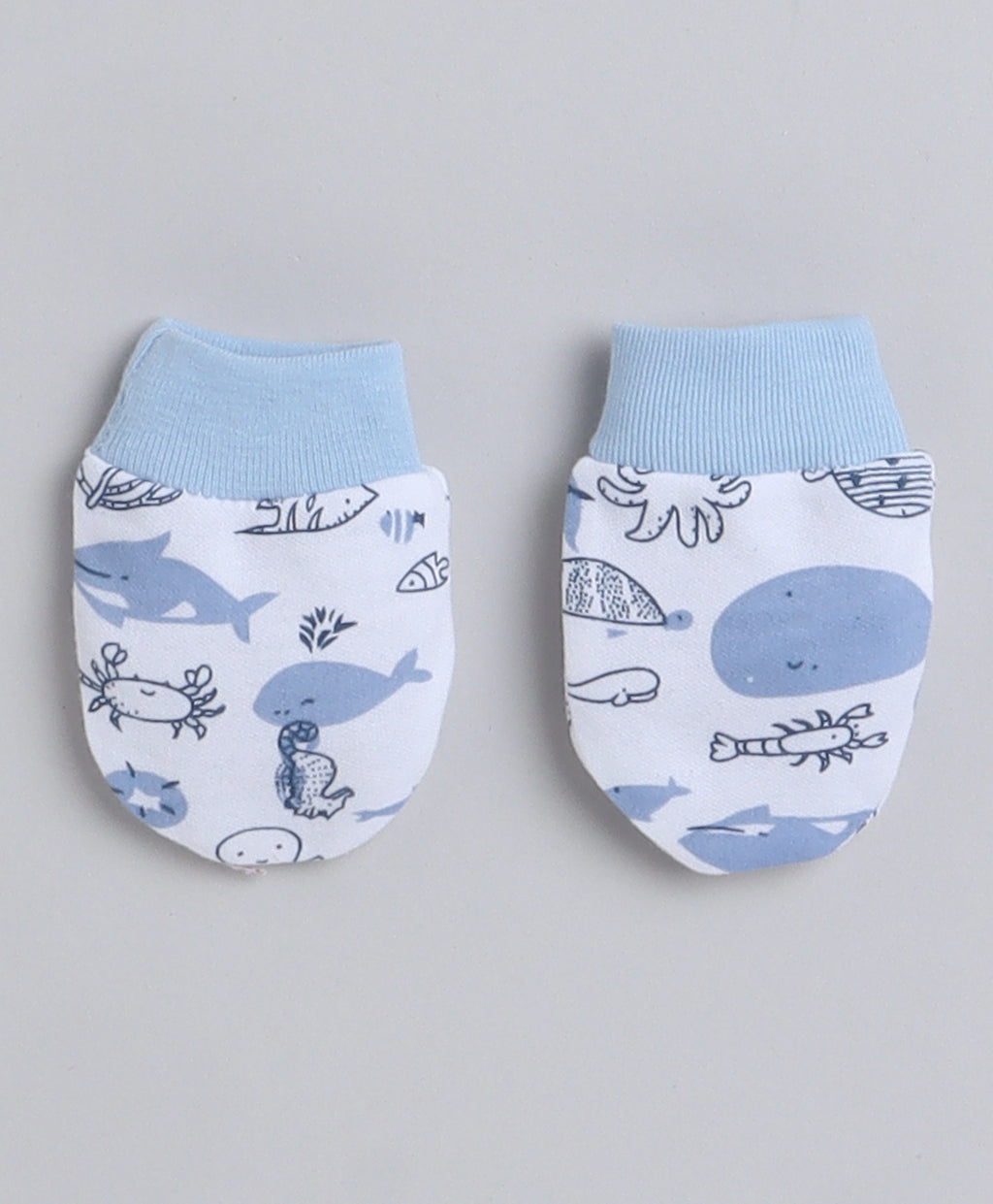 Bumzee White & Sky Blue Animal Print Cap, Mitten & Bootie Set, 100% Cotton, with Mittens (Style Peb8805)