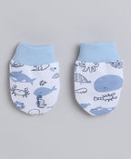 Bumzee White & Sky Blue Animal Print Cap, Mitten & Bootie Set, 100% Cotton, with Mittens (Style Peb8805)