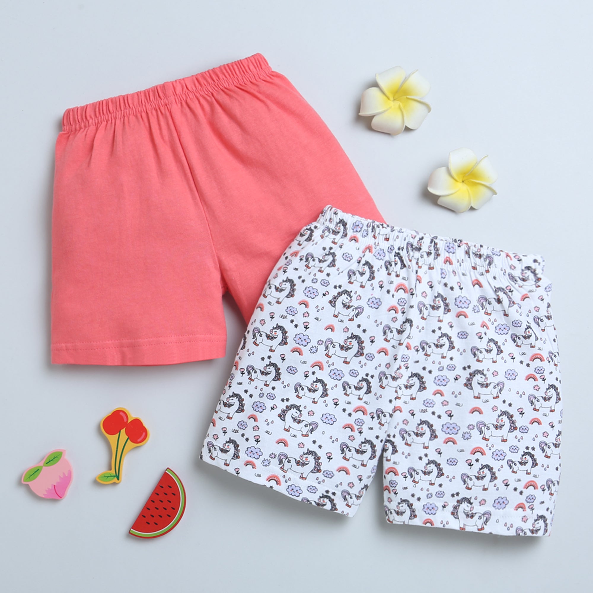 BUMZEE Coral & White Girls Shorts Pack Of 2