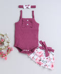 Bumzee Mauve & White Floral Print Bodysuit & Skirt Set, Sleeveless, with Headband
