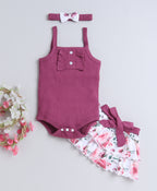 Bumzee Mauve & White Floral Print Bodysuit & Skirt Set, Sleeveless, with Headband