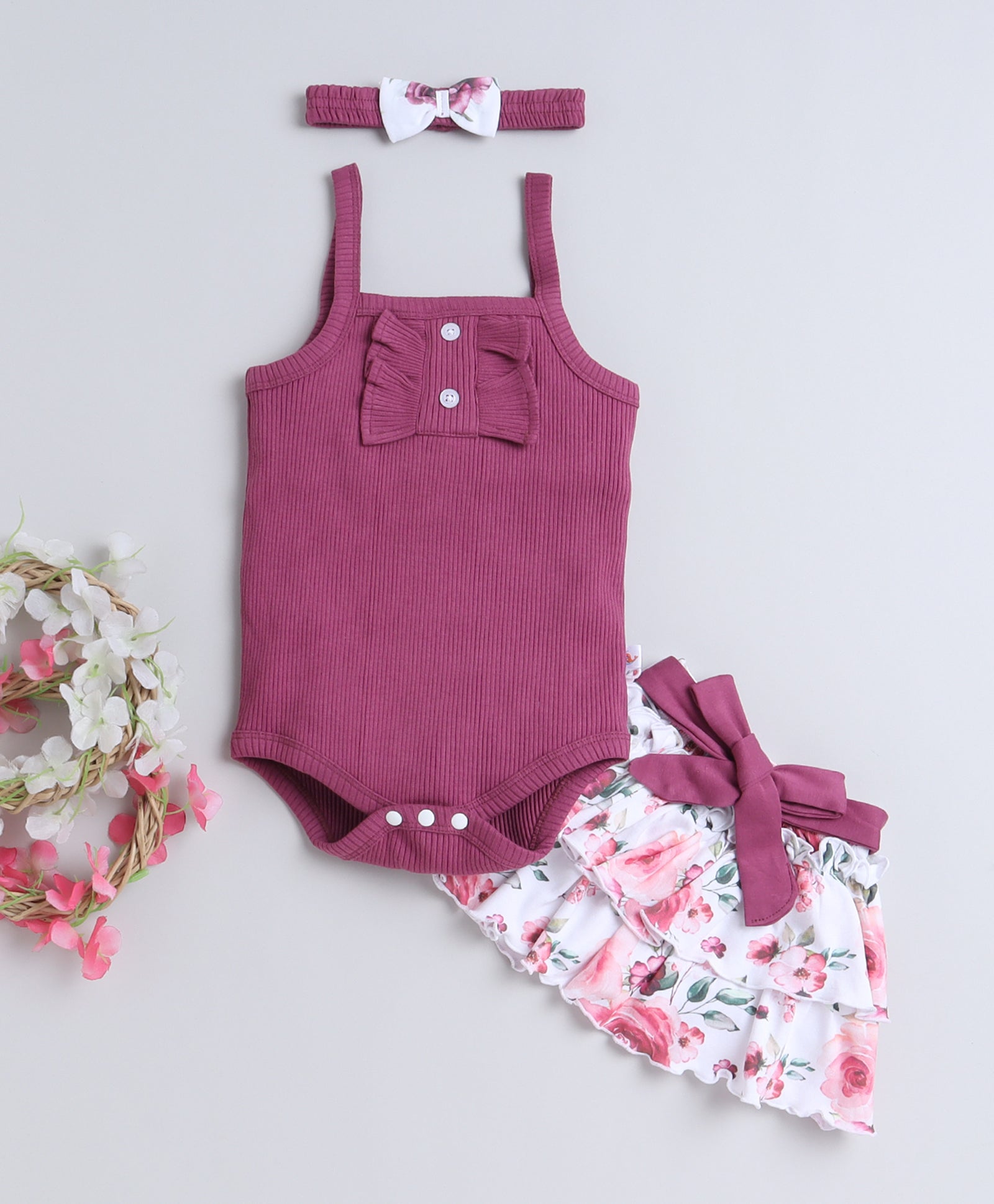 Girls 100% Cotton NA Bodysuit & Skirt Set - Mauve & White