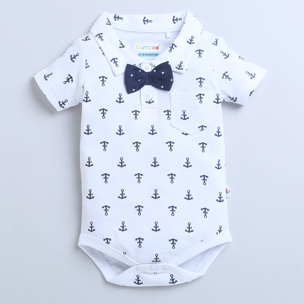 Bumzee Navy & White Graphic Print Bodysuit & Short Set, Half Sleeves, 100% Cotton