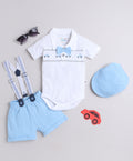 Bumzee Sky Blue & White Bodysuit & Short Set, Half Sleeves, 100% Cotton