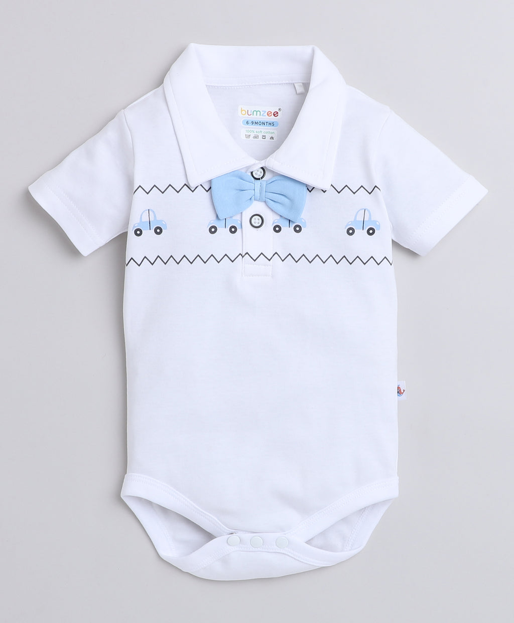 Bumzee Sky Blue & White Bodysuit & Short Set, Half Sleeves, 100% Cotton