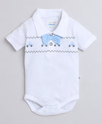Bumzee Sky Blue & White Bodysuit & Short Set, Half Sleeves, 100% Cotton