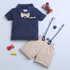 Bumzee Beige & Navy Graphic Print T-Shirt & Short Set, Half Sleeves, 100% Cotton