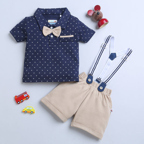 Bumzee Beige & Navy Graphic Print T-Shirt & Short Set, Half Sleeves, 100% Cotton