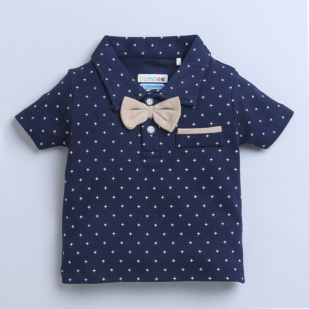 Bumzee Beige & Navy Graphic Print T-Shirt & Short Set, Half Sleeves, 100% Cotton