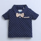 Bumzee Beige & Navy Graphic Print T-Shirt & Short Set, Half Sleeves, 100% Cotton