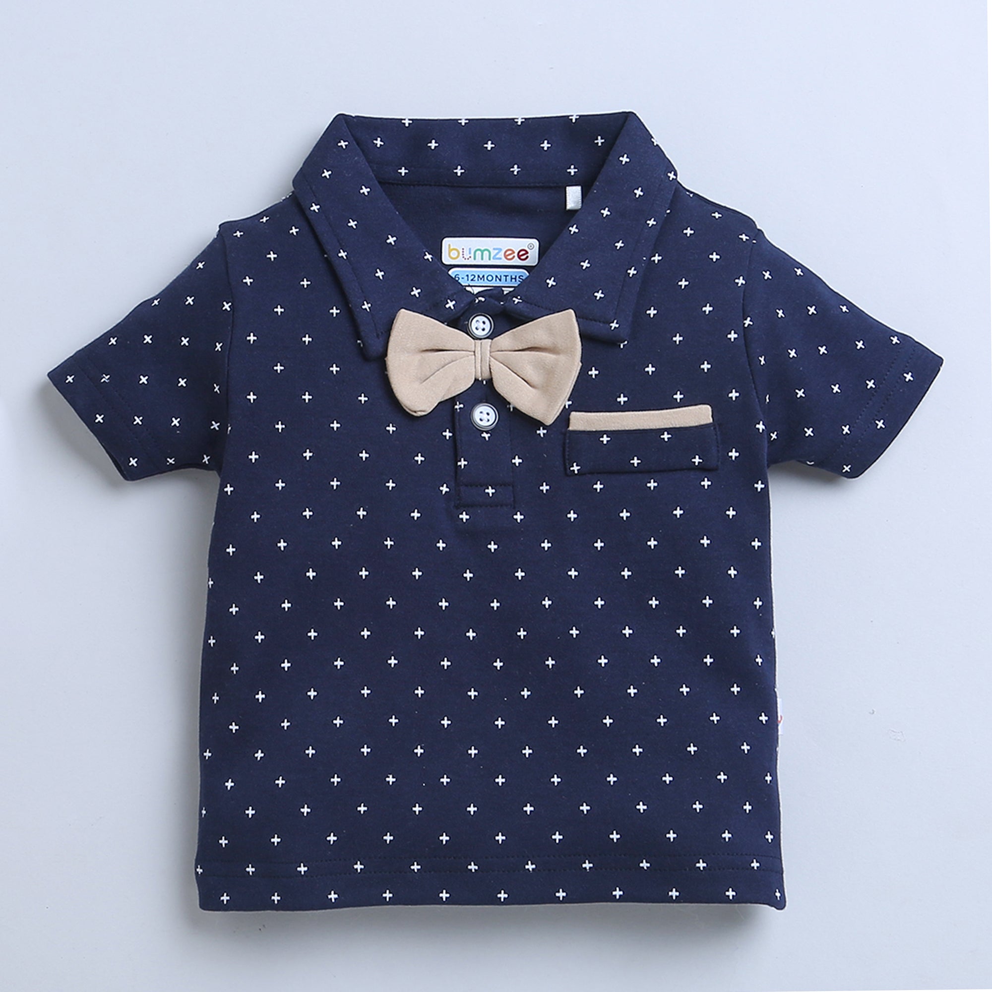 BUMZEE Beige & Navy Boys Half Sleeves T-shirt & Short Set With Bow Suspender