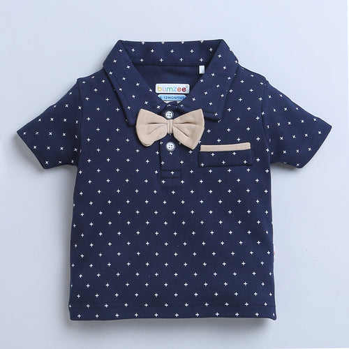 BUMZEE Beige & Navy Boys Half Sleeves T-shirt & Short Set With Bow Suspender