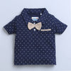BUMZEE Beige & Navy Boys Half Sleeves T-shirt & Short Set With Bow Suspender
